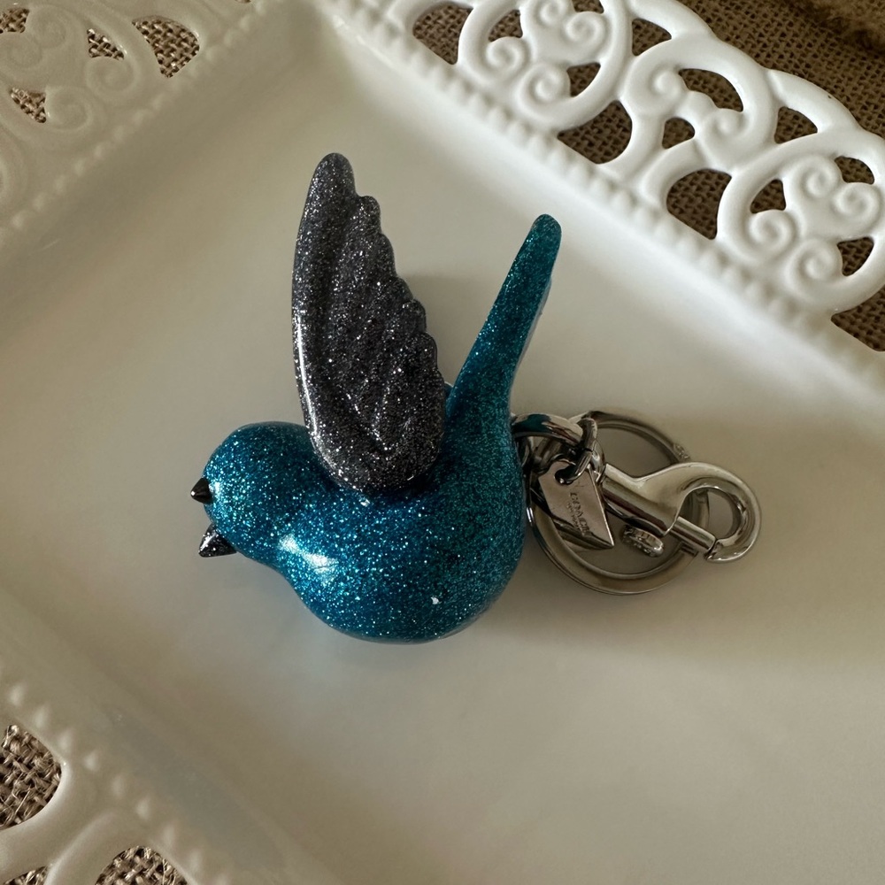 Coach Glittery Blue and Black Bird Keychain